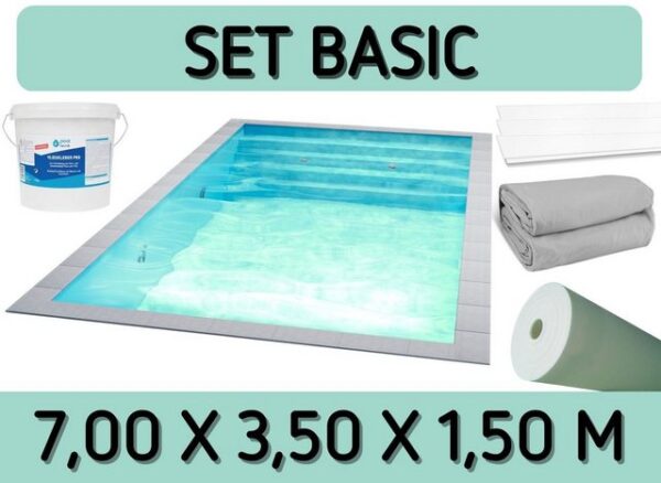 Poolomio Pool Styroporpool Set Basic - 700 x 350 x 150 cm - mit Innenfolie und Zubeh (Styropor Pool Bausatz)