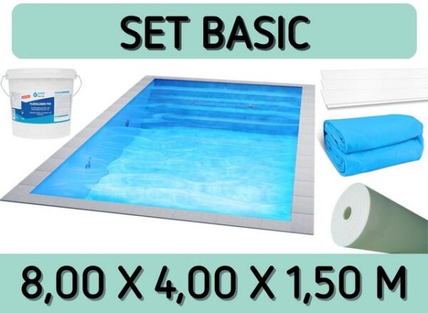 Poolomio Pool Styroporpool Set Basic - 800 x 400 x 150 cm - mit Innenfolie und Zubeh (Styropor Pool Bausatz)